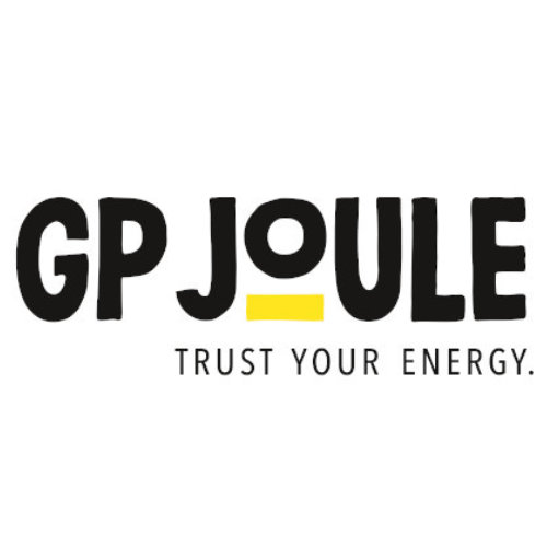 Logo von GP Joule in schwarzer Schrift mit gelbem Balken