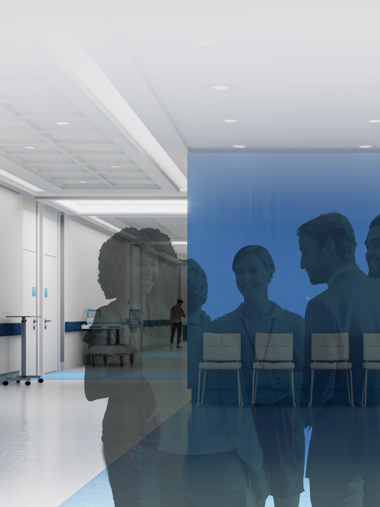 Das Bild zeigt einen Krankenhausflur mit einer Gruppe von Menschen hinter einer tealfarbenen, durchscheinenden Wand, die sich unterhalten. Im Hintergrund warten oder bewegen sich weitere Personen.