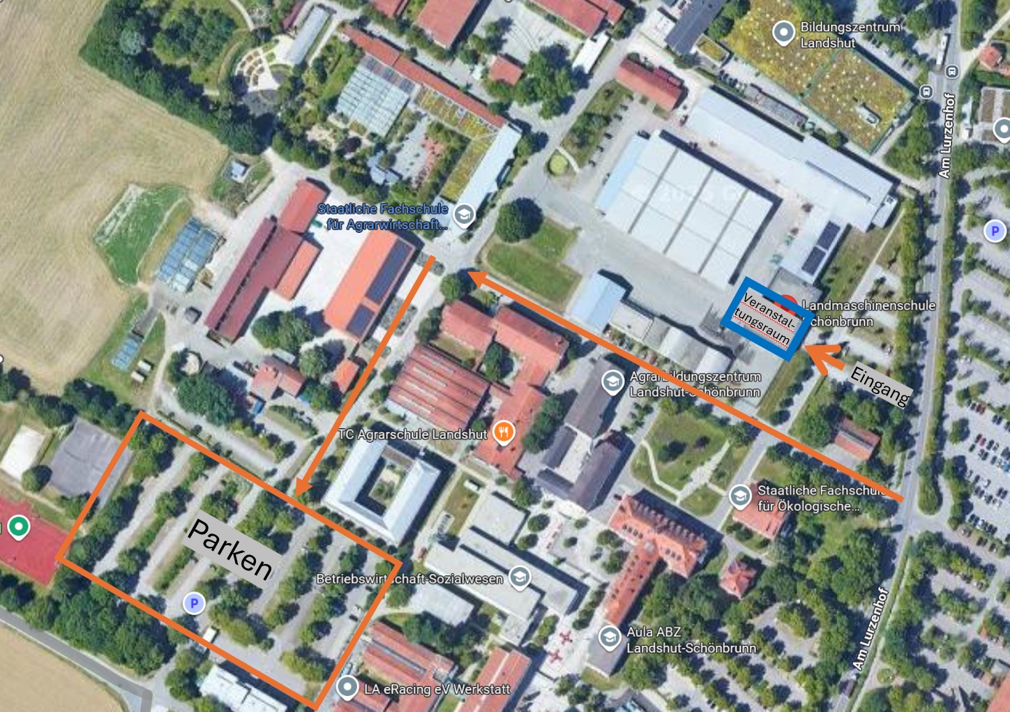 Google Maps Karte mit Eingang und Parkplätzen für die Veranstaltung