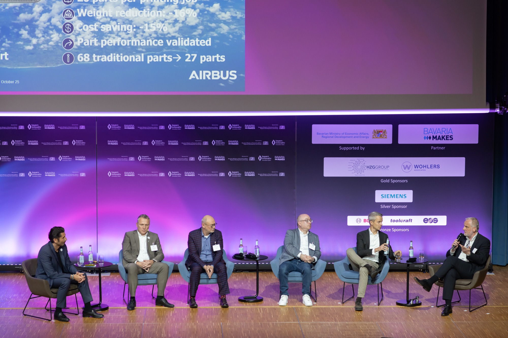 Sechs Fachleute diskutieren auf der Bühne, Projektion mit Sponsorenlogos im Hintergrund. Foto vom AM Kongress.