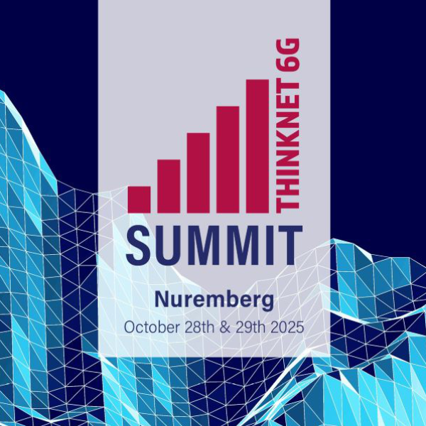 The Thinknet 6G Summit logo, looking like the networksymbol, in front of Mountains made from networking lines.