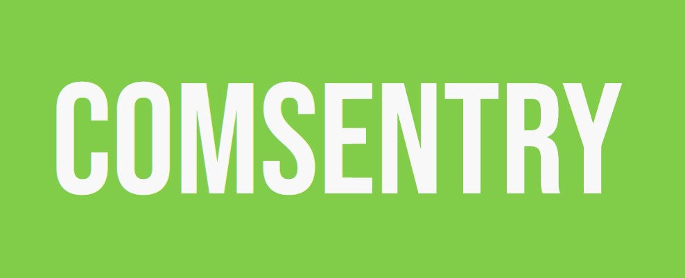 The Logo of Comsentry, showing the name on a green background