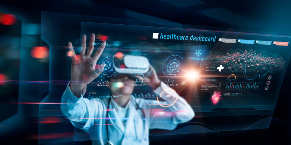 Mann mit VR Brille schaut durch medizinische Symbole
