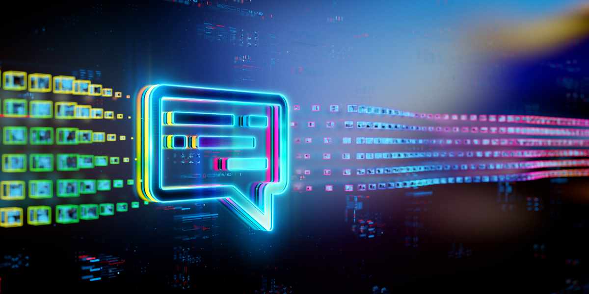 Leuchtendes, neonfarbenes Chat-Symbol vor einem dunklen digitalen Hintergrund mit abstrakten Daten- und Lichteffekten.