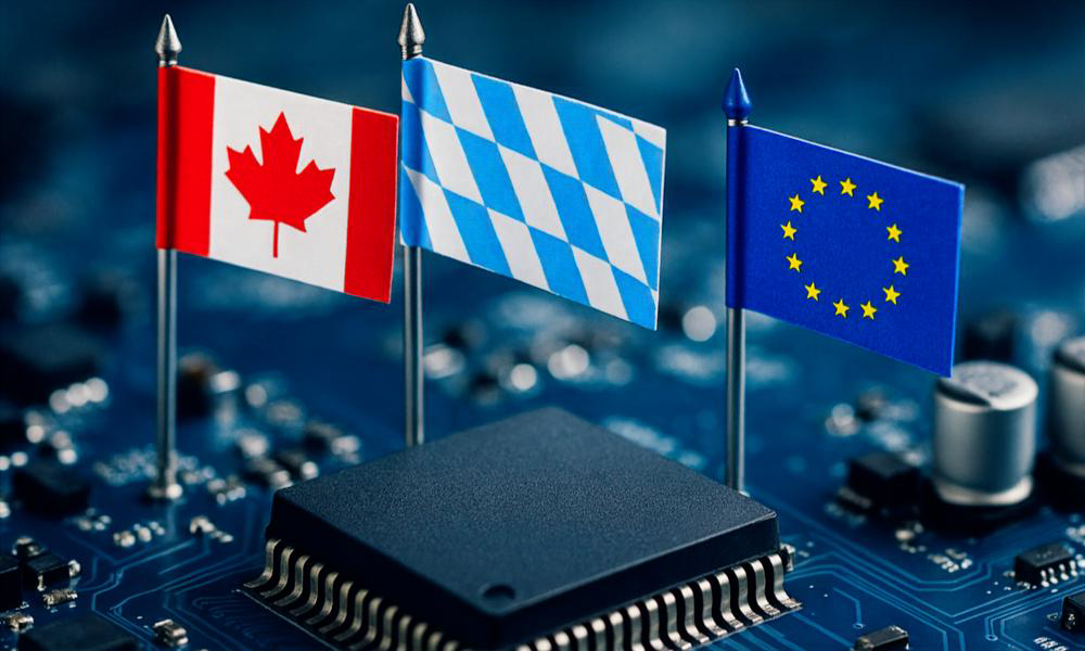 Halbleiterplatte mit Fahnen von Kanada, Bayern und der EU