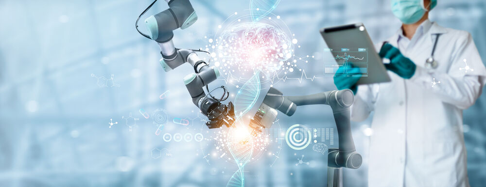 Roboter mit DNA mit digitaler Doppelhelix und Arzt im Hintergrund