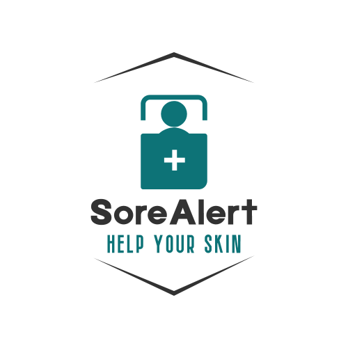 Logo mit stilisierter Person hinter einem Schild mit Kreuz und dem Text 'SoreAlert' sowie 'HELP YOUR SKIN'