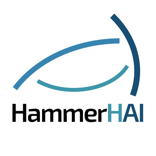 Abstraktes Logo mit stilisierter Haifischflosse in Blau- und Türkistönen über dem Schriftzug 'HammerHAI'