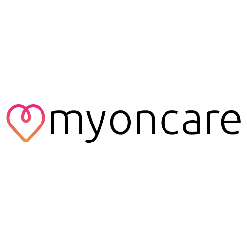 Logo mit stilisiertem Herzsymbol in Farbverlauf neben dem Schriftzug 'myoncare'