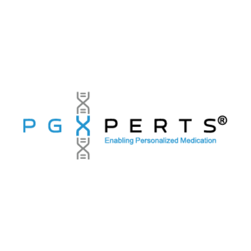 Logo mit dem Schriftzug 'PGXPERTS' wobei das 'X' als stilisierte DNA-Doppelhelix dargestellt ist und darunter der Slogan 'Enabling Personalized Medication' steht
