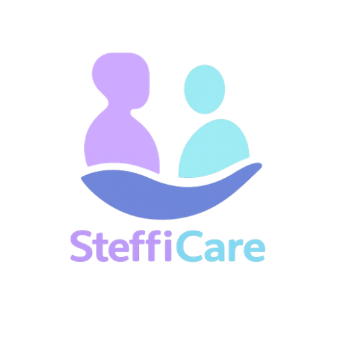 Zwei stilisierte Personenfiguren in Pastellfarben über einer schützenden Hand mit dem Schriftzug 'SteffiCare' darunter