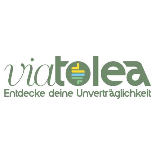 Logo mit dem Schriftzug 'viatolea' und dem Slogan 'Entdecke deine Unverträglichkeit', wobei der Buchstabe 'o' als Kreis mit farbigen Linien gestaltet ist.