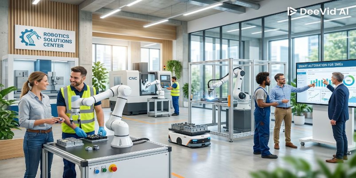 Menschen in einem Raum, mit Countern auf denen Roboterarme stehen