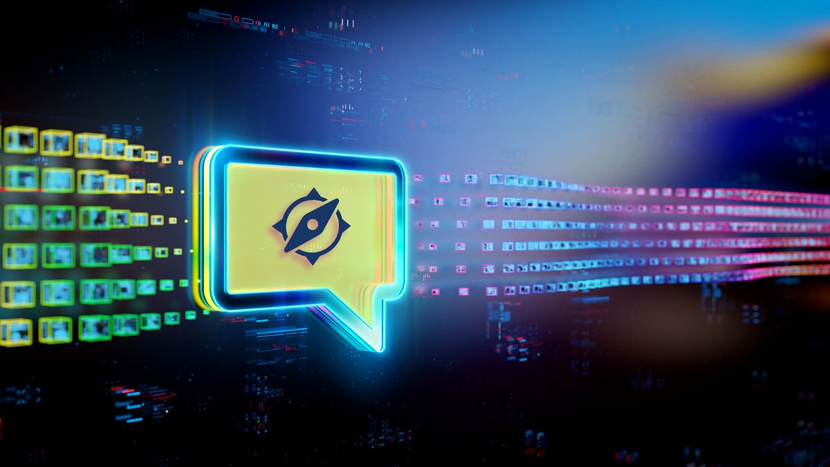 Leuchtendes Sprechblasen-Icon mit Kompass-Symbol in einem modernen, digitalen Umfeld mit farbigen Datenlinien und abstrakten Technologie-Elementen.