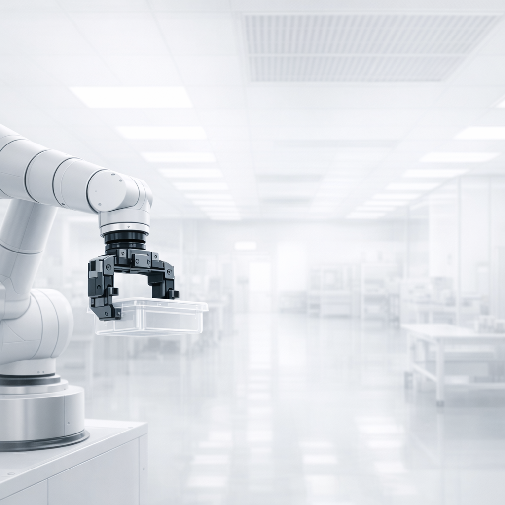 weißer Roboterarm links in einem hell weiß erleuchtetem Raum mit weißen Krankenbetten