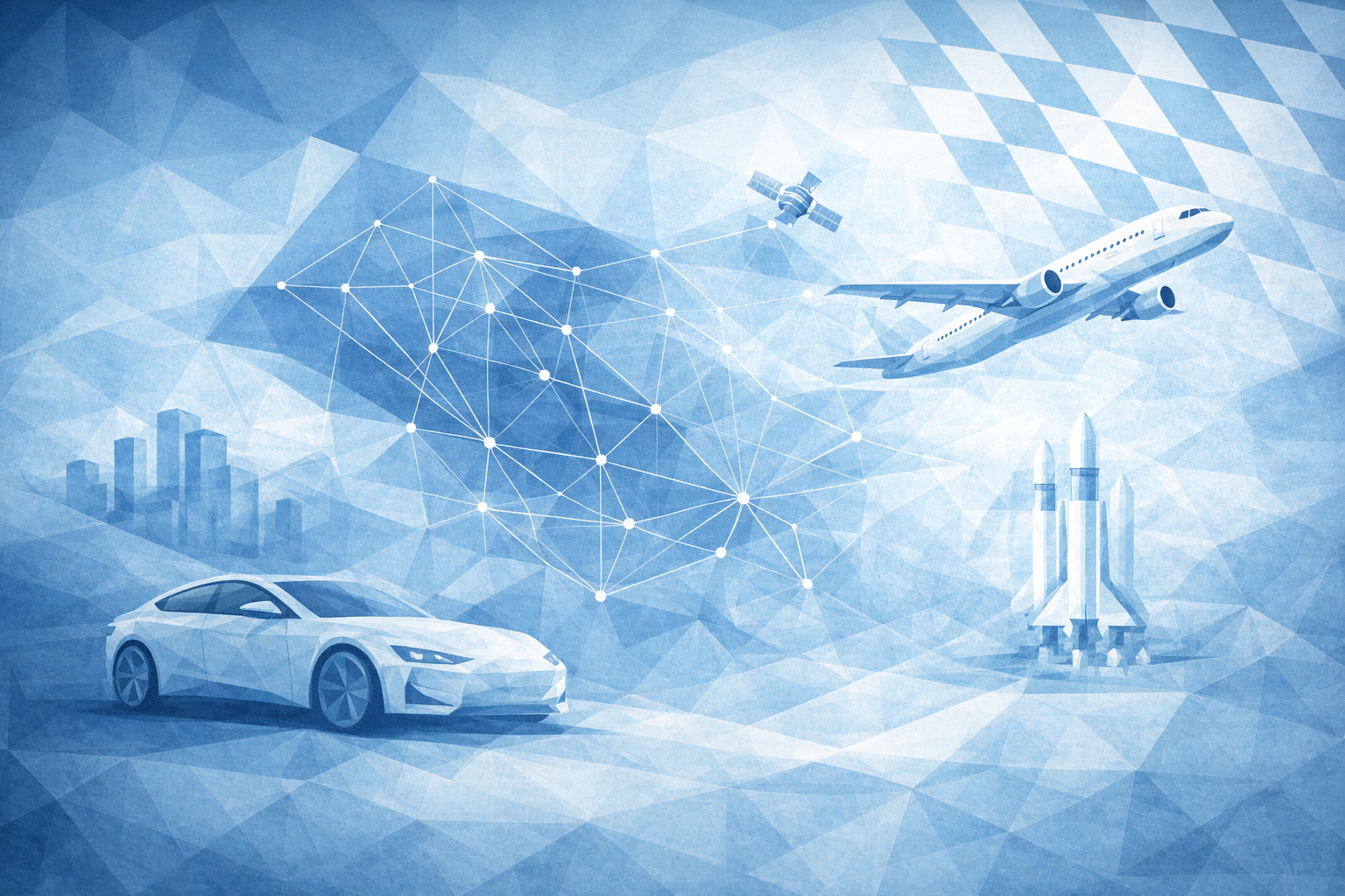 blaues Bild mit Auto, Flugzeug, Rakete und Bayern Flagge