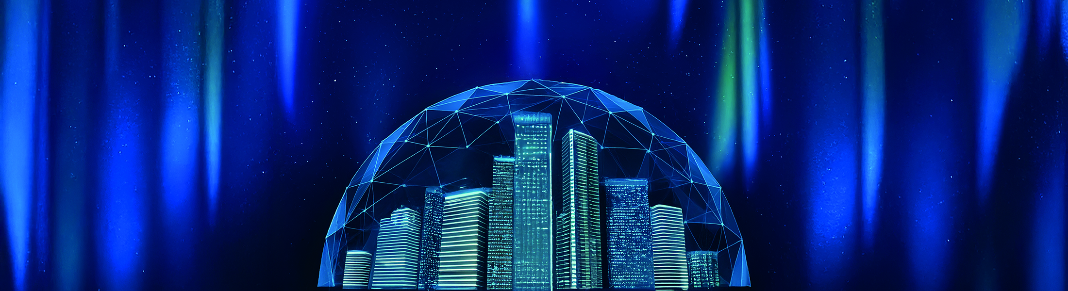 A row of skyscrapers shielded by a transparent dome, in front of a nightsky