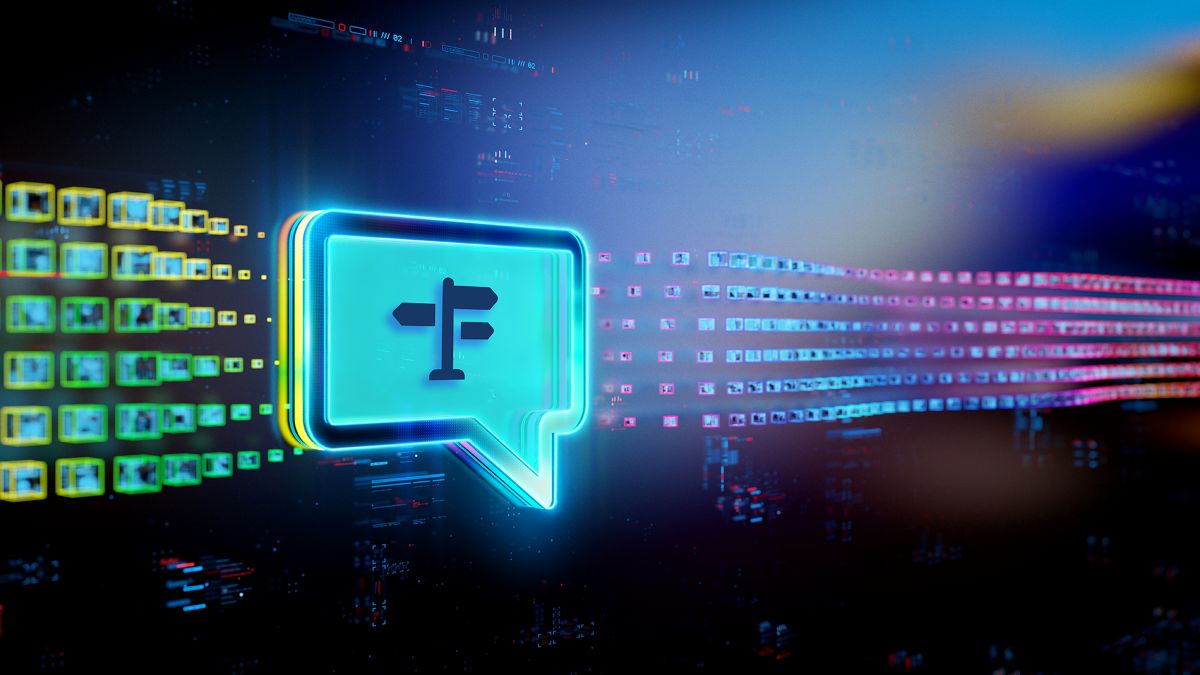 Leuchtendes Sprechblasen-Icon mit Wegweiser-Symbol vor einem digitalen, futuristischen Hintergrund mit Datenströmen und Interface-Elementen.