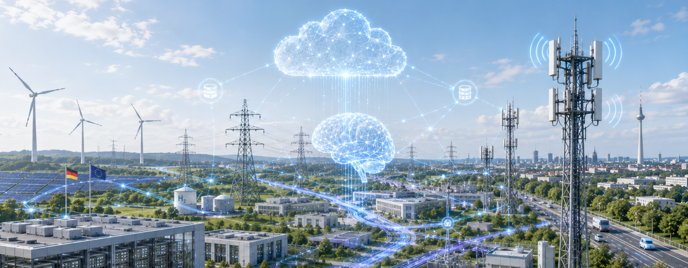 A city skyline with an antenna in the front an "digital" lines and clouds., AI-generated
