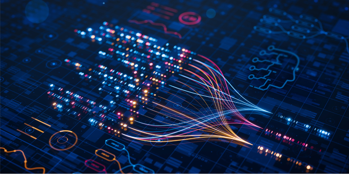 dunkelblaue Platine mit bunten Stromströmen