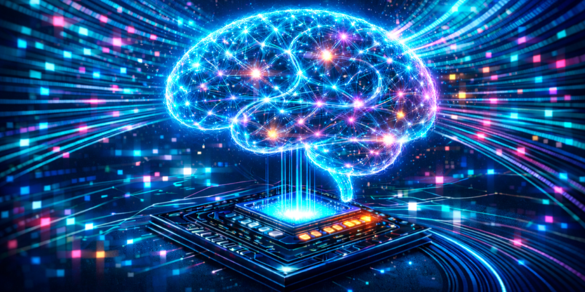 A "digital" brain emerging from a computerchip, AI-generated