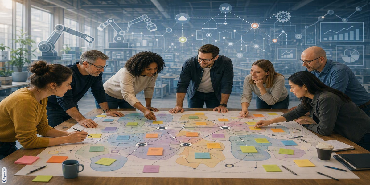 Eine Gruppe Mitarbeiter steht um einen Tisch mit vielen Post its, im Hintergrund virtuelle Strukturen, KI-generiert