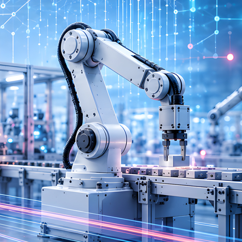 Ein Roboterarm steht an einer Produktionsstraße vor blauem Hintergrund, KI-generiert