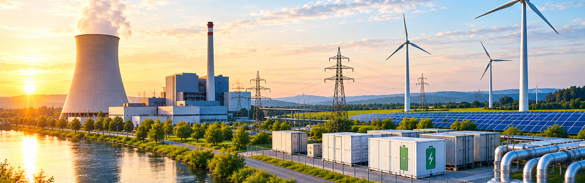 Das Bild zeigt einen modernen Kraftwerksstandort, der traditionelle Energieerzeugung mit erneuerbaren Energien verbindet. Windkraftanlagen, Solarfelder, Energiespeicher und Stromnetze verdeutlichen die neuen Möglichkeiten zur nachhaltigen Nutzung bestehender Kraftwerksstandorte und zur Weiterentwicklung der Energieinfrastruktur., AI-generated