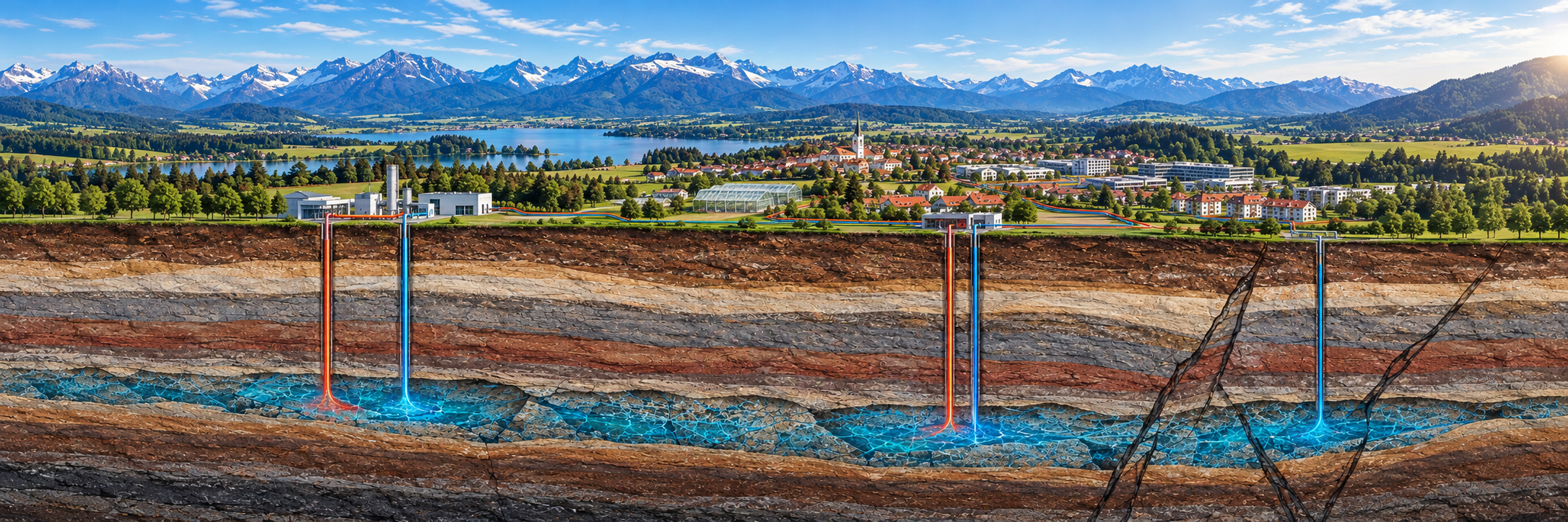 Die Illustration zeigt eine alpine Landschaft mit einer Stadt, einem See und schneebedeckten Bergen. Der Querschnitt des Untergrunds veranschaulicht die Tiefengeothermie: Bohrungen erschließen heiße Gesteinsschichten und ein tief liegendes Reservoir, um Erdwärme als nachhaltige Energiequelle zu nutzen., KI-generiert