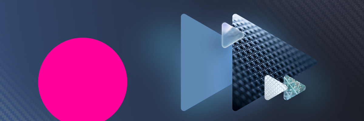 Ein pinker Kreis und blaue Pfeilgrafik auf einem dunklen Hintergrund.