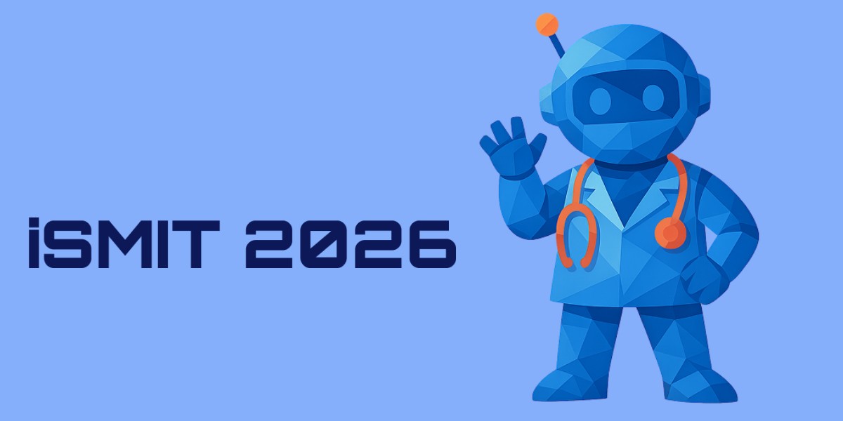 Polygonale Figur eines Roboters mit Stethoskop, der die Hand zum Gruß hebt, neben dem Text 'iSMIT 2026'
