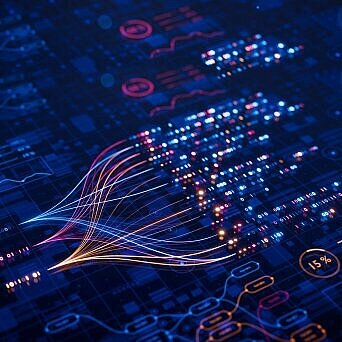 Abstrakte Visualisierung von Datenströmen, Diagrammen und digitaler Vernetzung in blauem Farbschema