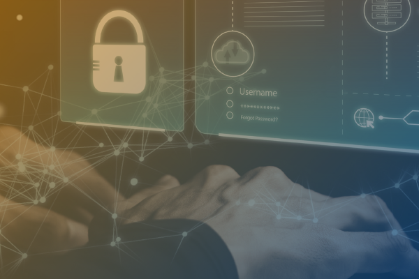 Hände auf Tastatur vor Bildschirm mit Login-Feldern und Schloss-Symbol, darüber Logos von Bayern Innovativ, Medical Valley, Lemberg Solutions und Text Cluster Medizintechnik Cybersecurity