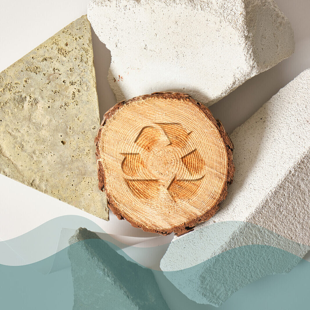 Unterschiedliche Materialien, wie Holz, Beton und Stein sind optisch ansprechend angereichtet. darüber verläuft eine Welle in grüner-grauer Farbe. 