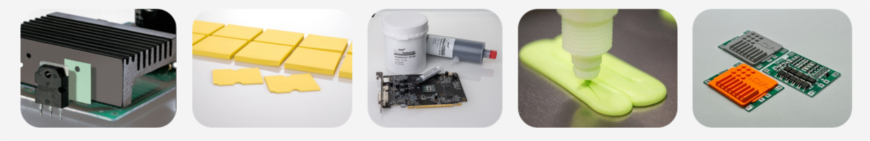 Das Bild zeigt verschiedene Thermal Interface Materials (Folie, Pads, Pasten, Gap Filler Liquid und Keramold) 
