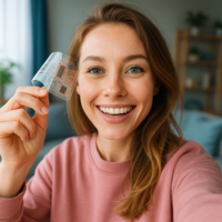 Eine Frau hält organische Elektronikbauteile in der Hand.