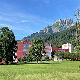 Das Bild zeigt ein rotes Gebäude der Hochschule Luzern vor einer bewaldeten Berglandschaft. Im Vordergrund liegen eine grüne Wiese und mehrere Bäume unter blauem Himmel.