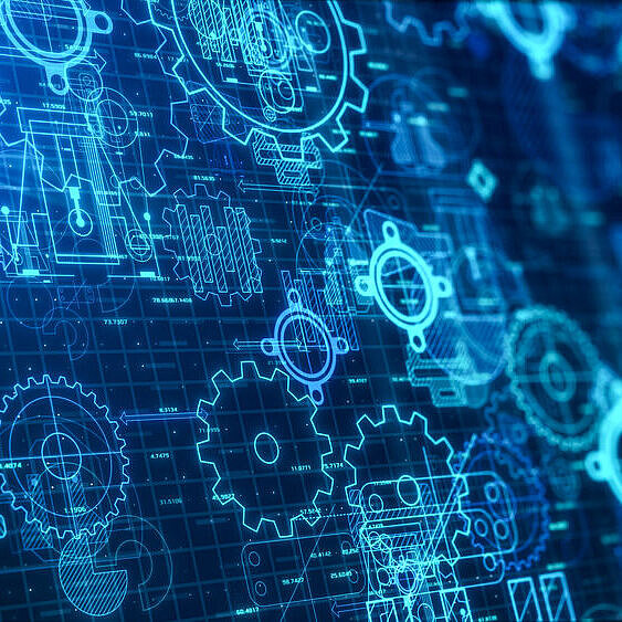 Digitale Bauplanskizzierung mit vielen Zahnrädern