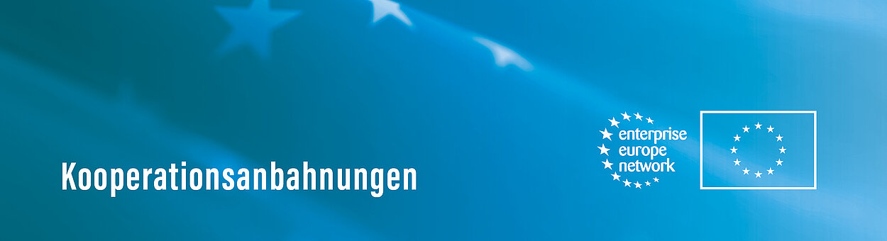 Logo Enterprise Europe Network auf blauem Hintergrund mit der Aufschrift Kooperationsanbahnung