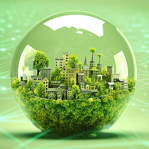 eine Glaskugel, die eine begrünte Stadt spiegelt