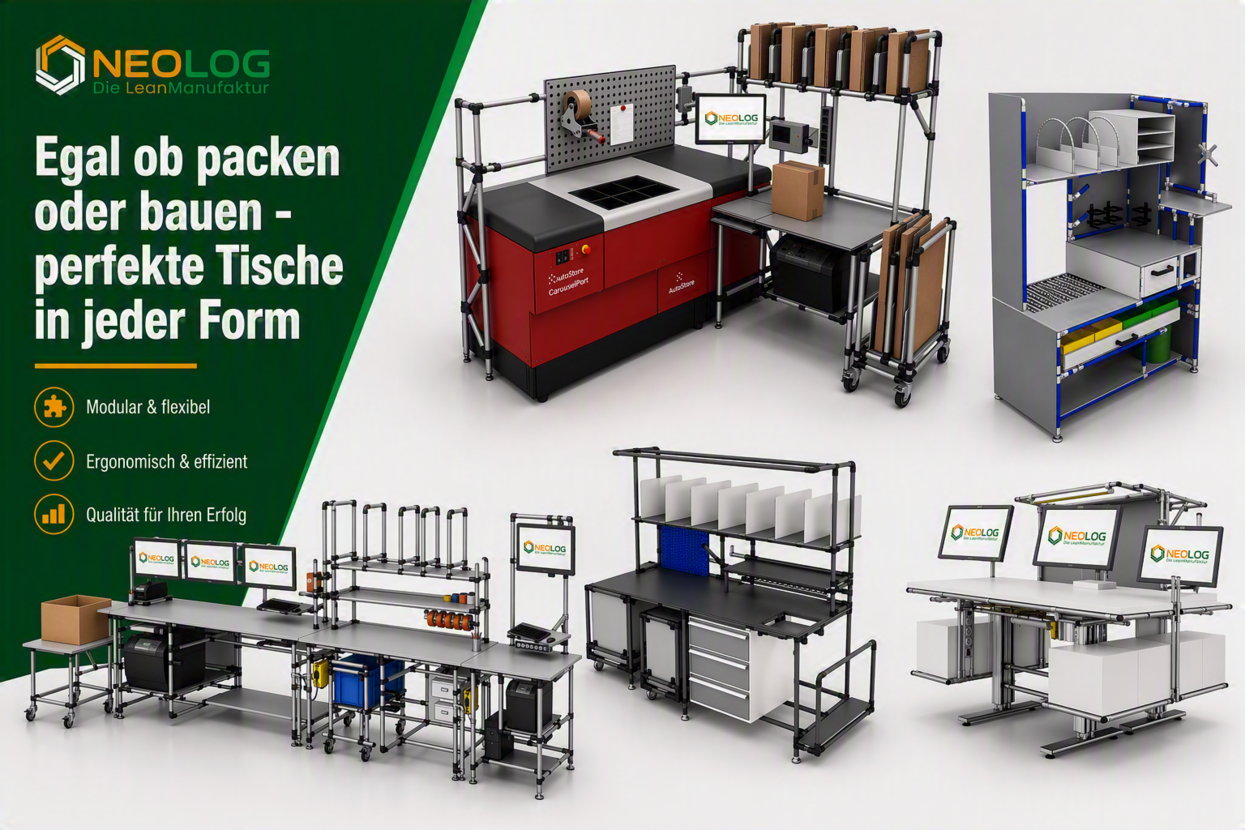Modulare Pick-, Pack- und Montagetische sowie integrierte Arbeitsstationen.