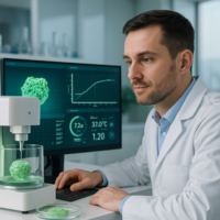 Ein Mann im Labor zeigt auf ein Hologramm von Zellstrukturen und DNA.
