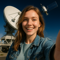 Eine Frau steht vor einer Satellitenschüssel und lacht.