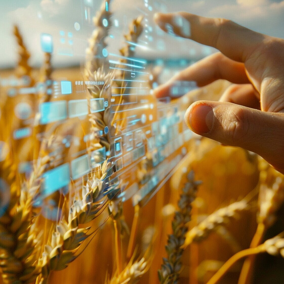 Person auf einem Feld mit digitaler Schaltfläche