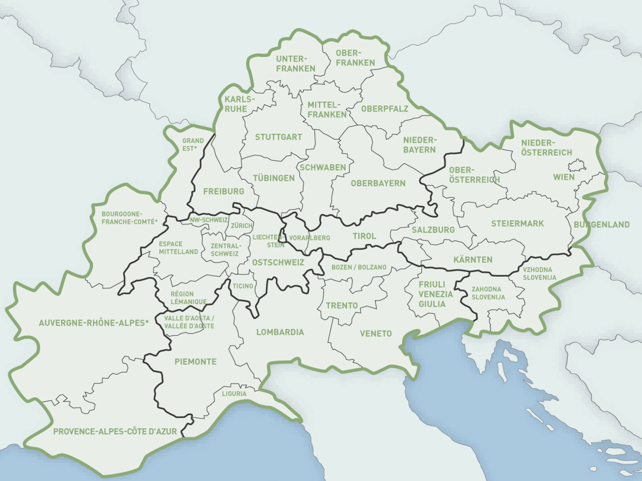 Auf dieser Karte befindet sich ein Ausschnitte der Europalandkarte. Hervorgehoben ist der Alpinraum. 