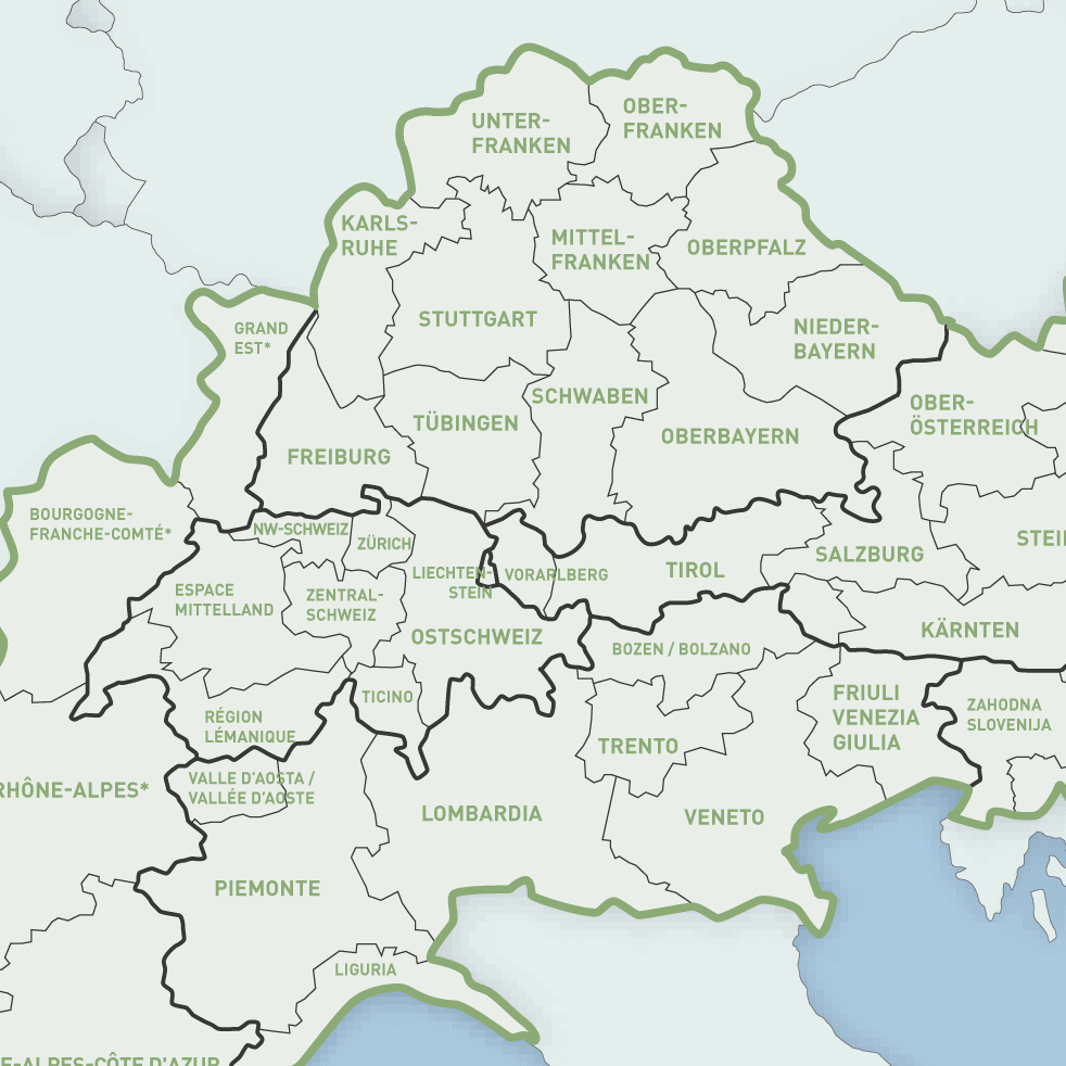 Auf dieser Karte befindet sich ein Ausschnitte der Europalandkarte. Hervorgehoben ist der Alpinraum. 