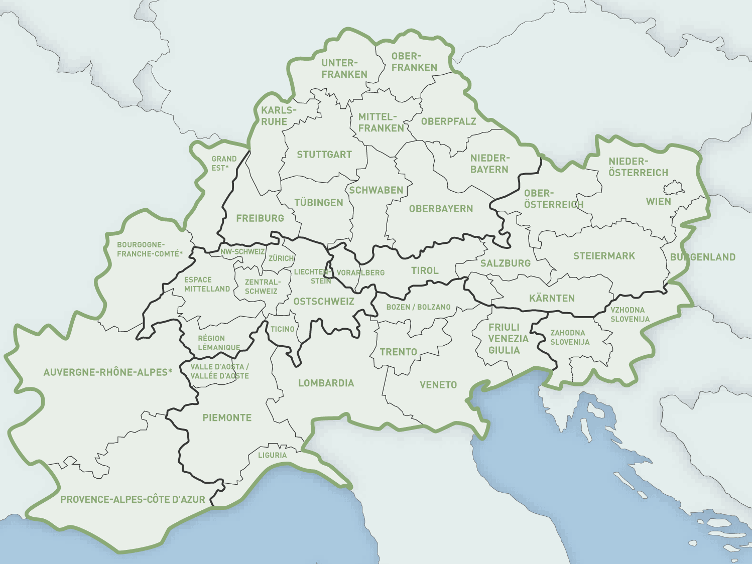 Auf dieser Karte befindet sich ein Ausschnitte der Europalandkarte. Hervorgehoben ist der Alpinraum. 