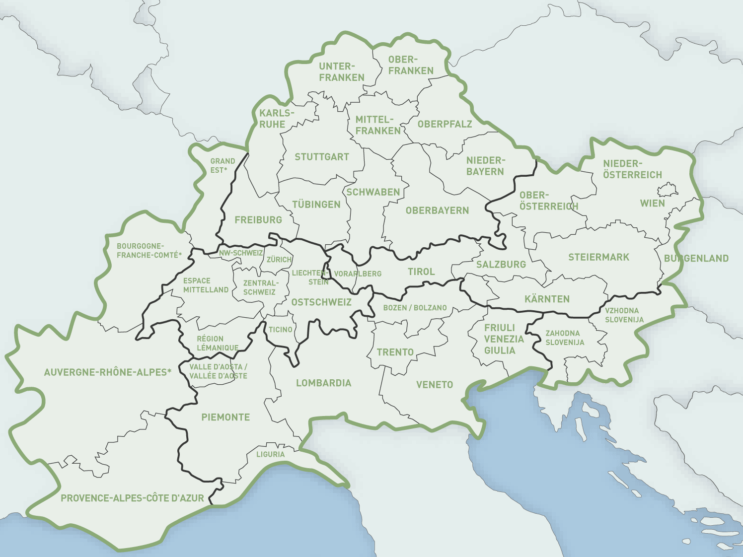 Auf dieser Karte befindet sich ein Ausschnitte der Europalandkarte. Hervorgehoben ist der Alpinraum. 