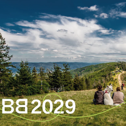 Wanderer mit Hund genießen Aussicht