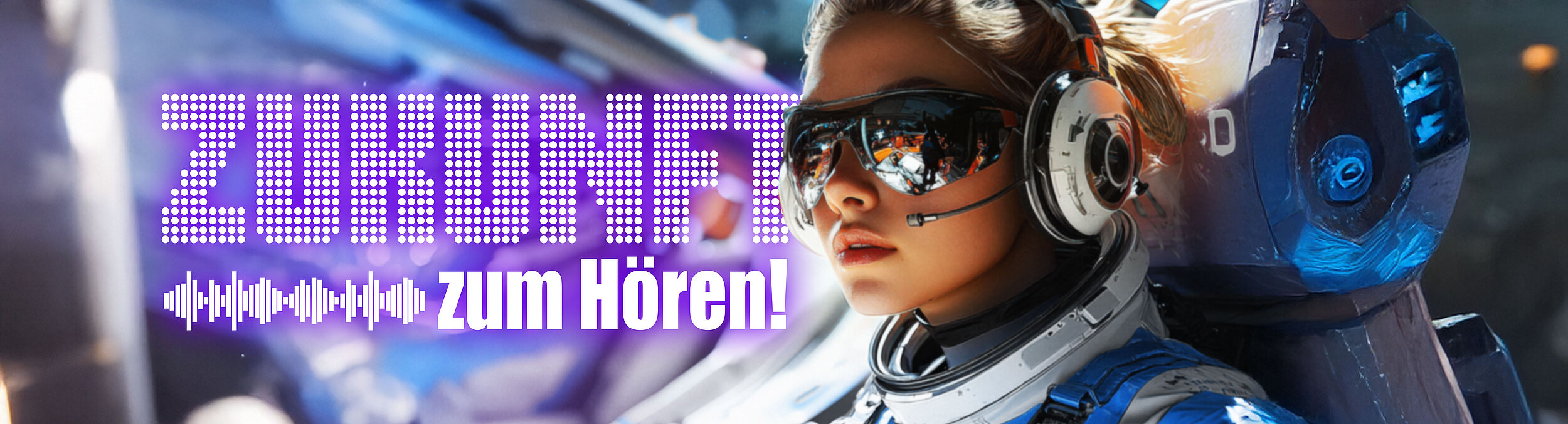 Futuristische Szene mit einer Frau in Raumanzug, großem Headset und verspiegelter Brille. Links im Bild steht in leuchtenden Buchstaben: ‚ZUKUNFT zum Hören!‘, begleitet von einem stilisierten Soundwave-Symbol.